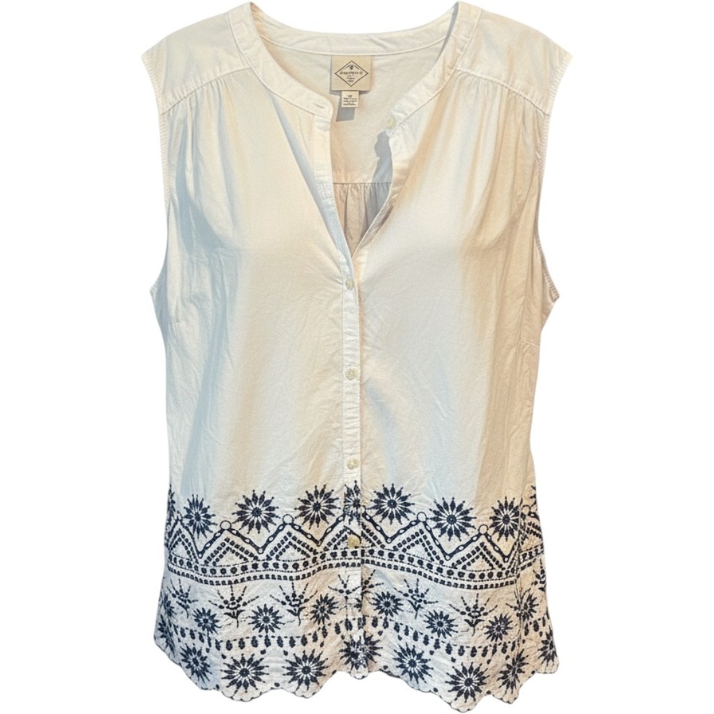 St. John's Bay Womens 3X White Navy Blue Embroidered Eyelet Sleeveless Blouse